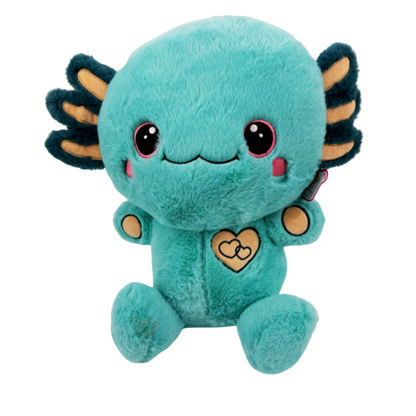 Türkises Plüsch-Axolotl mit flauschigen Kiemen und Herz-Detail, sitzend ca. 35 cm